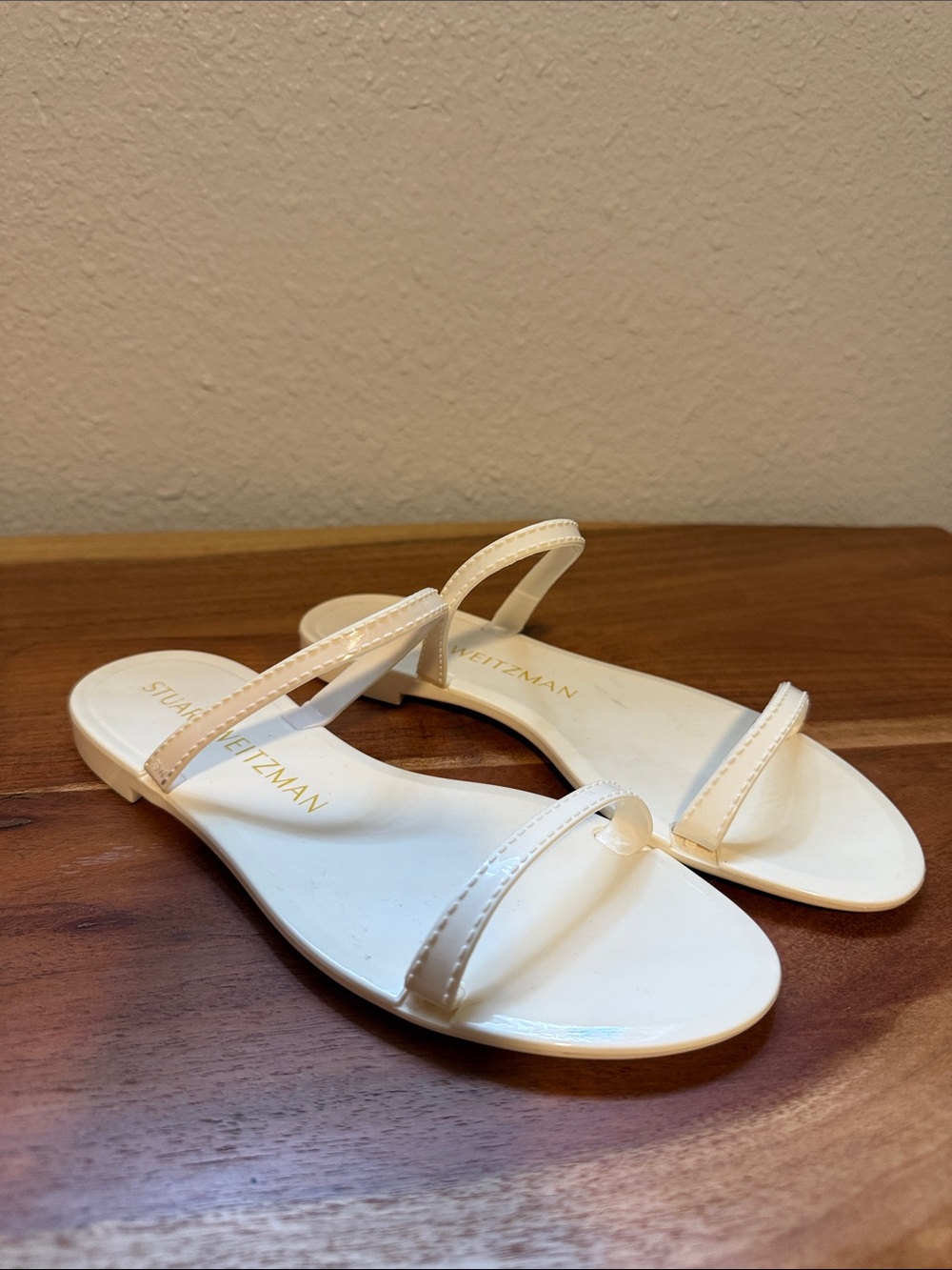 Stuart Weitzman Cream Two-Strap Slide Sandals